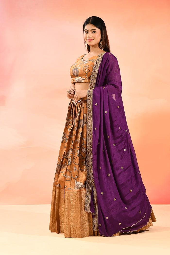 Mustard Gold With Purple Dupatta Banarasi Silk Lehenga