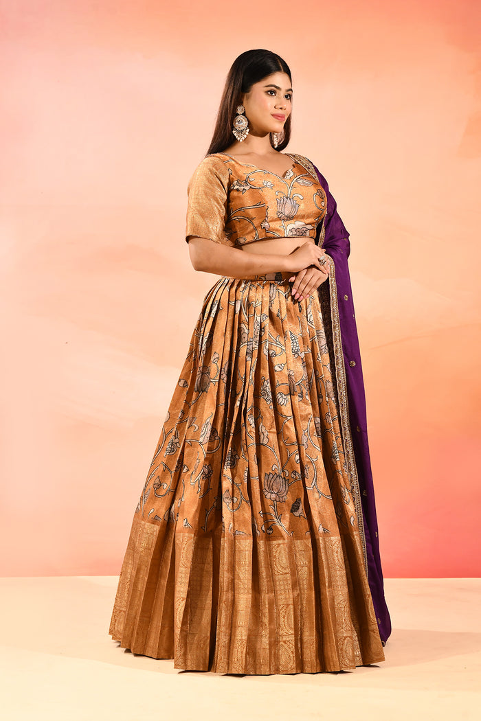 Mustard Gold With Purple Dupatta Banarasi Silk Lehenga