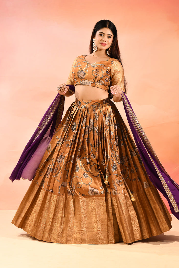 Mustard Gold With Purple Dupatta Banarasi Silk Lehenga