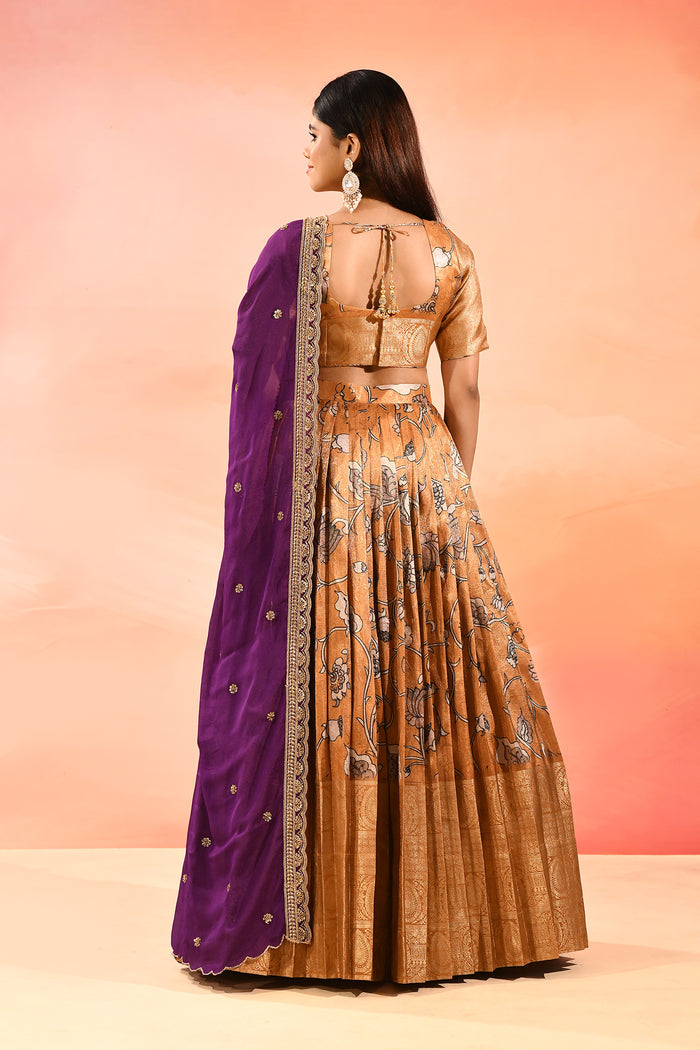 Mustard Gold With Purple Dupatta Banarasi Silk Lehenga