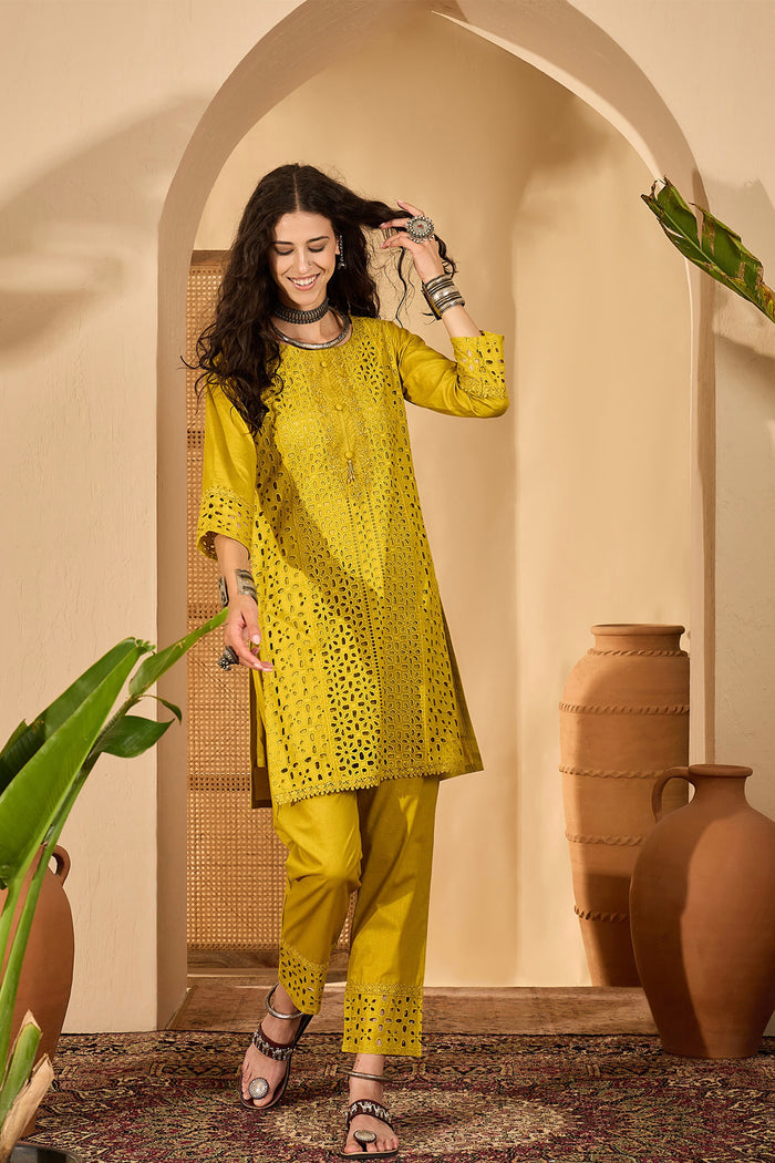 Mustard Green Cotton Hakoba Work Kurta Set