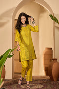 Mustard Green Cotton Hakoba Work Kurta Set
