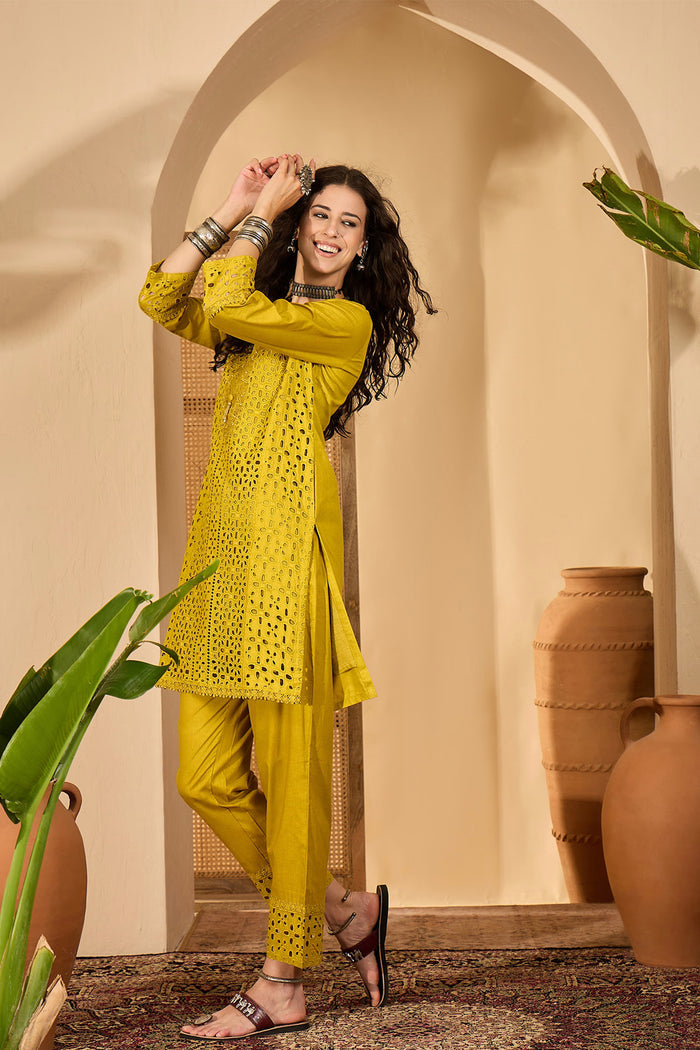 Mustard Green Cotton Hakoba Work Kurta Set