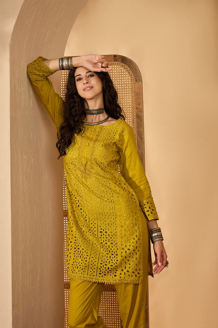 Mustard Green Cotton Hakoba Work Kurta Set