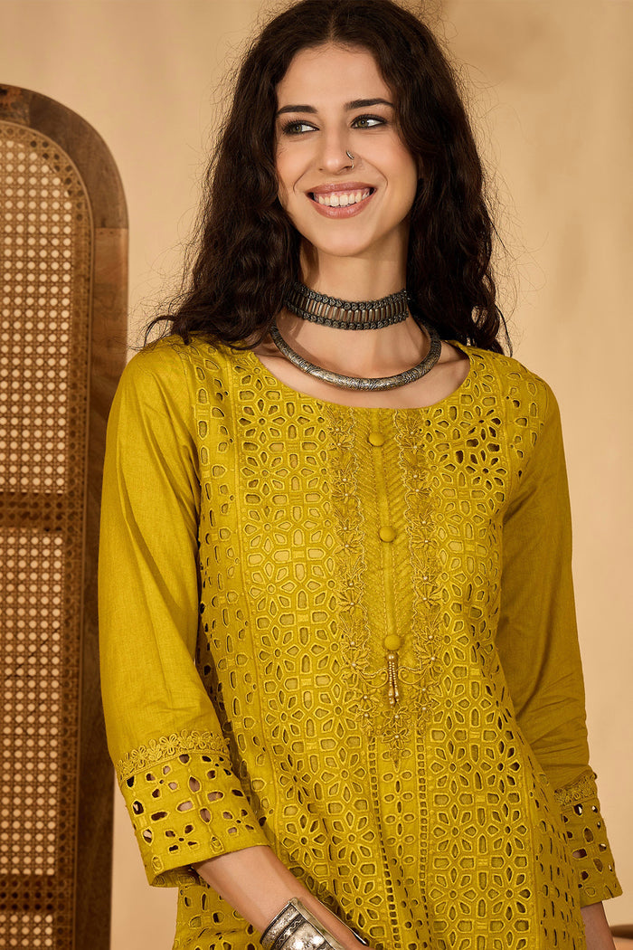 Mustard Green Cotton Hakoba Work Kurta Set