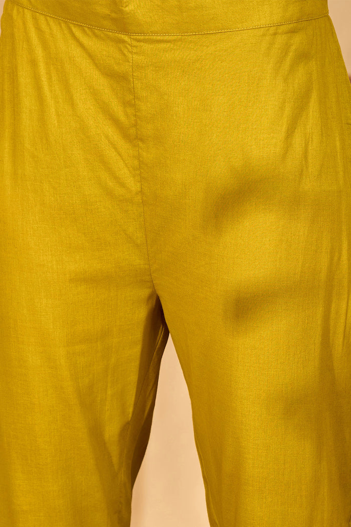 Mustard Green Cotton Hakoba Work Kurta Set