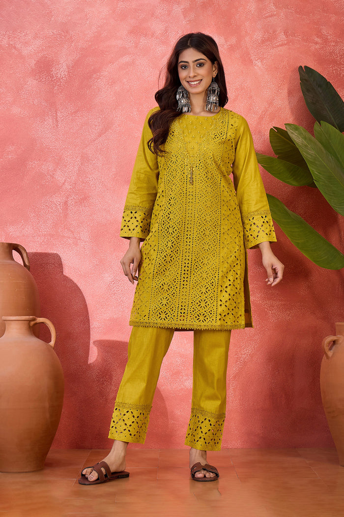 Mustard Green Cotton Thread Work Kurta Set