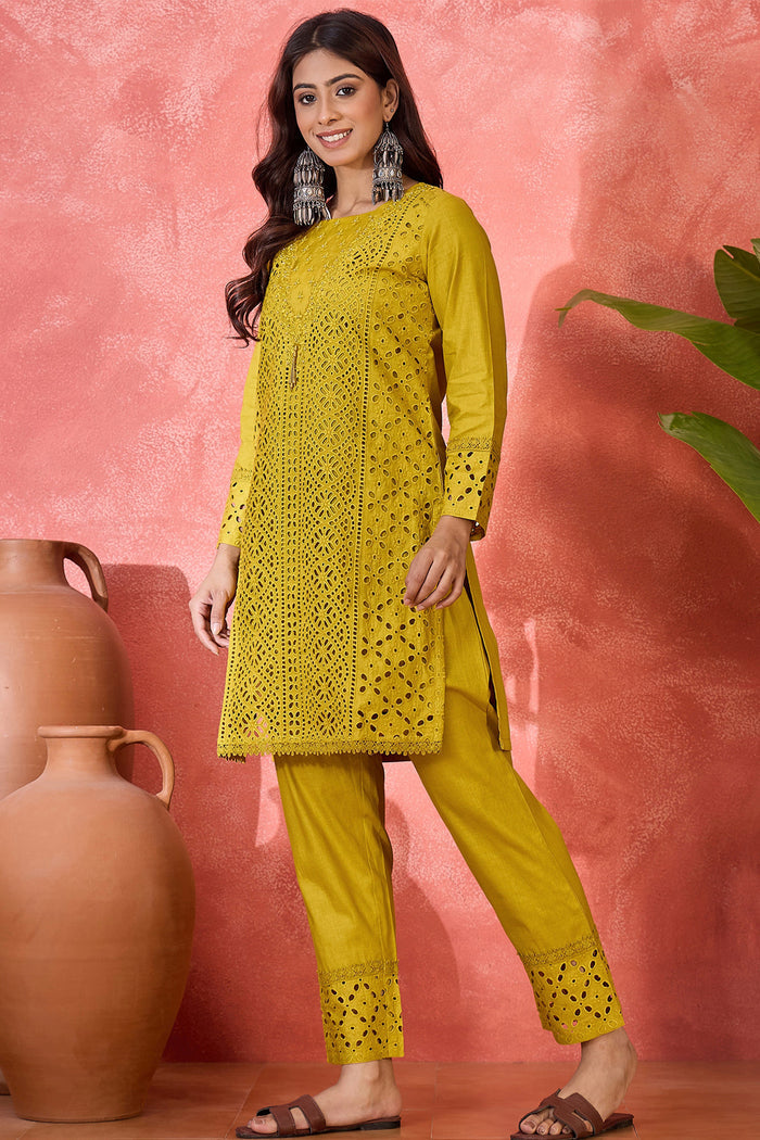 Mustard Green Cotton Thread Work Kurta Set
