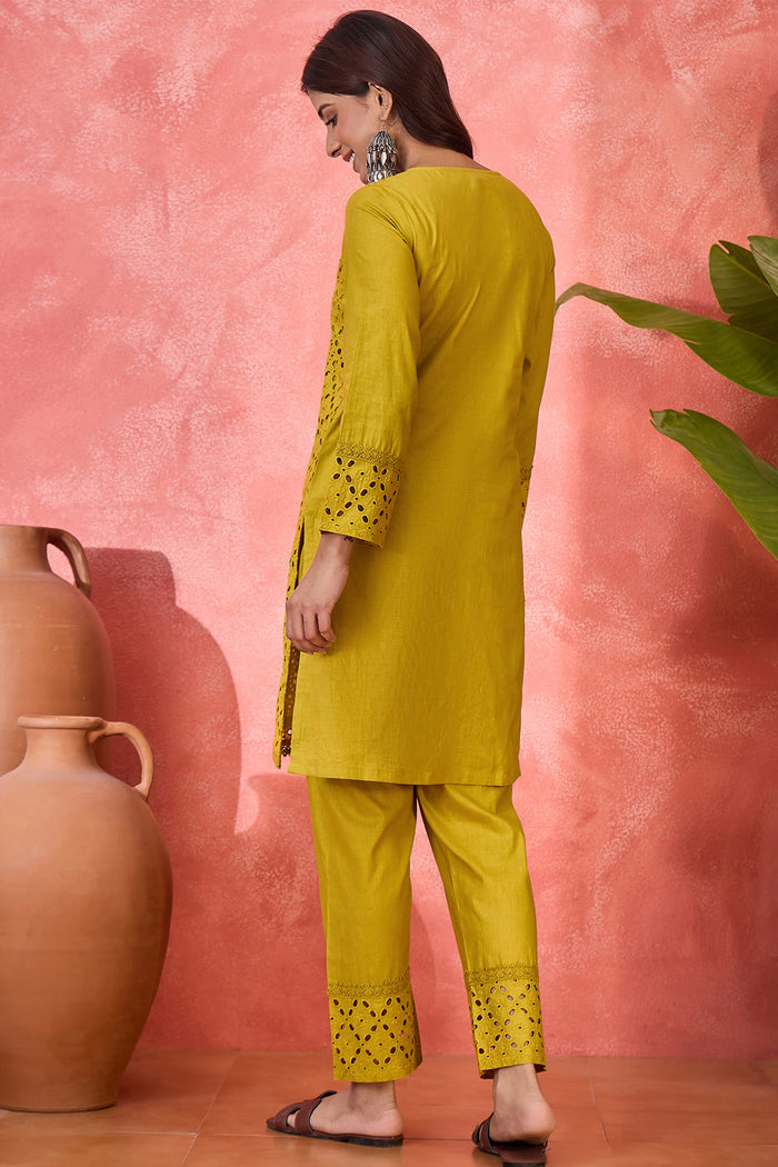 Mustard Green Cotton Thread Work Kurta Set