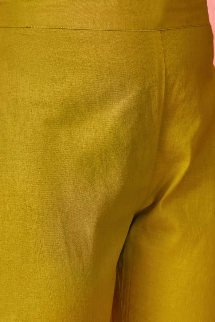 Mustard Green Cotton Thread Work Kurta Set