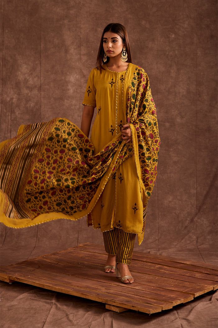 <img> Mustard Hand Blocked In Multi Prints Suit Set