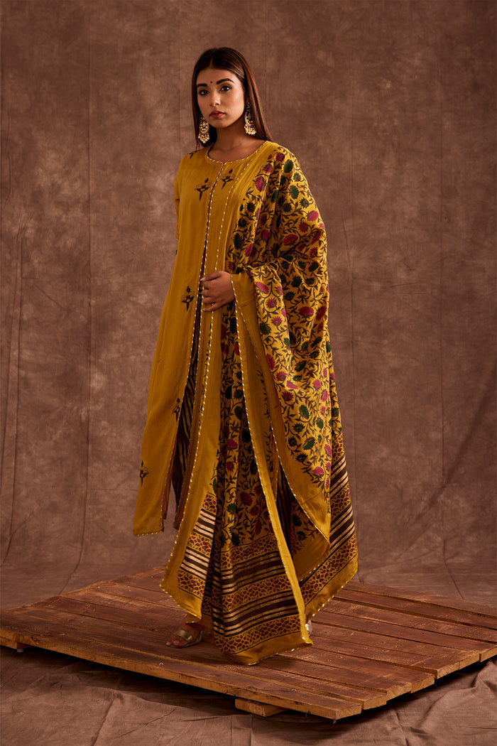 <img> Mustard Hand Blocked In Multi Prints Suit Set