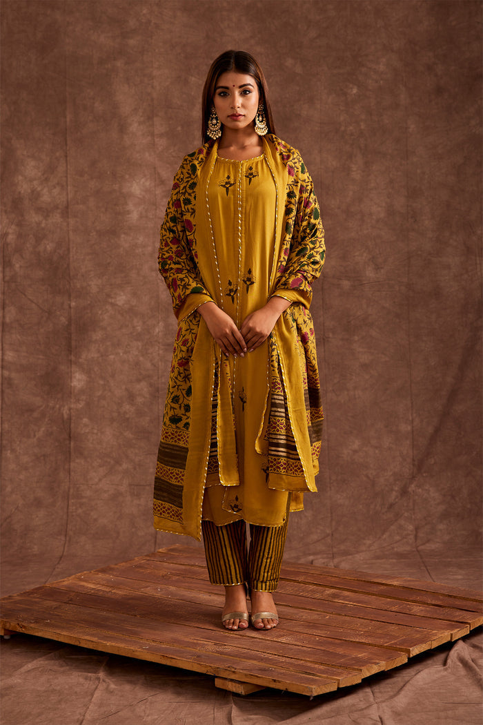 <img> Mustard Hand Blocked In Multi Prints Suit Set