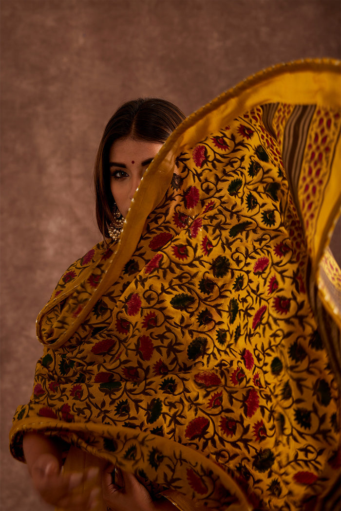 <img> Mustard Hand Blocked In Multi Prints Suit Set