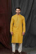 Mustard Jacquard Kurta Set With Embroidered Neck