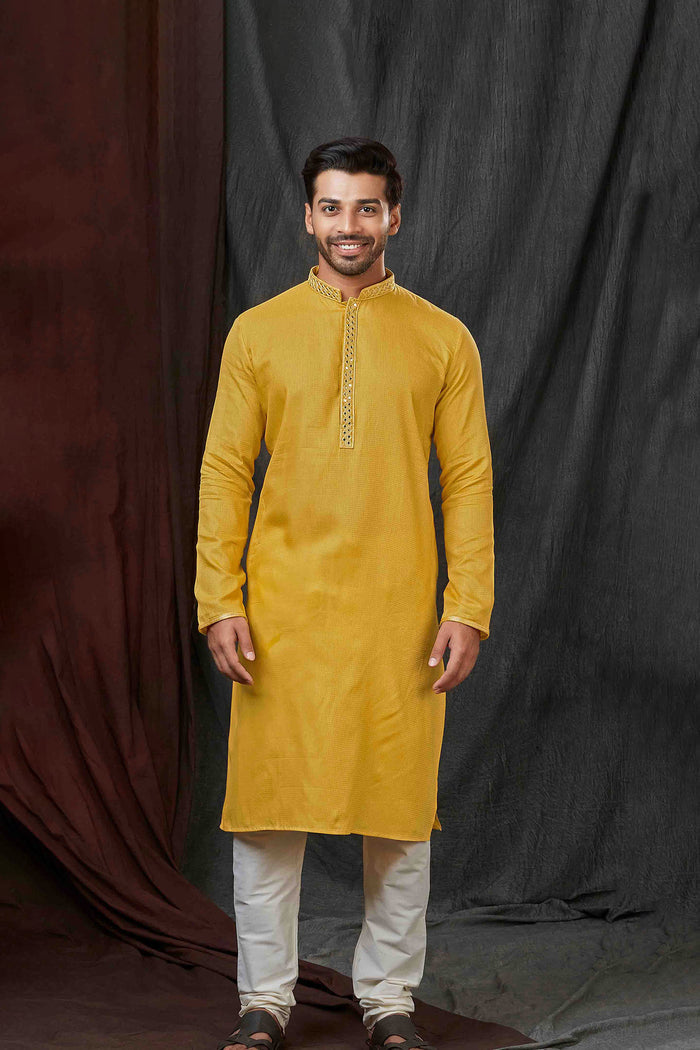 Mustard Jacquard Kurta Set With Embroidered Neck