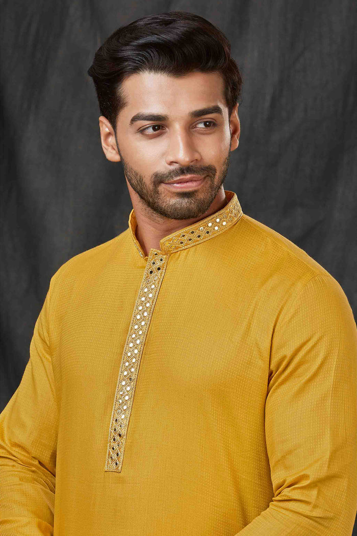 Mustard Jacquard Kurta Set With Embroidered Neck