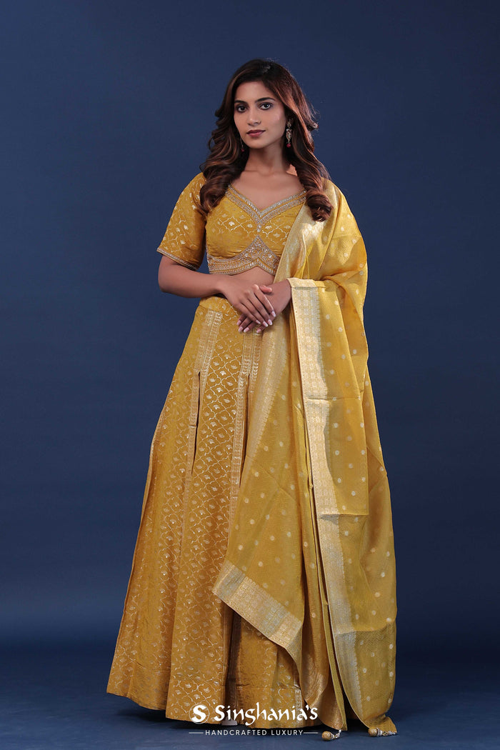 <img> Mustard Yellow Banarasi Lehenga Set