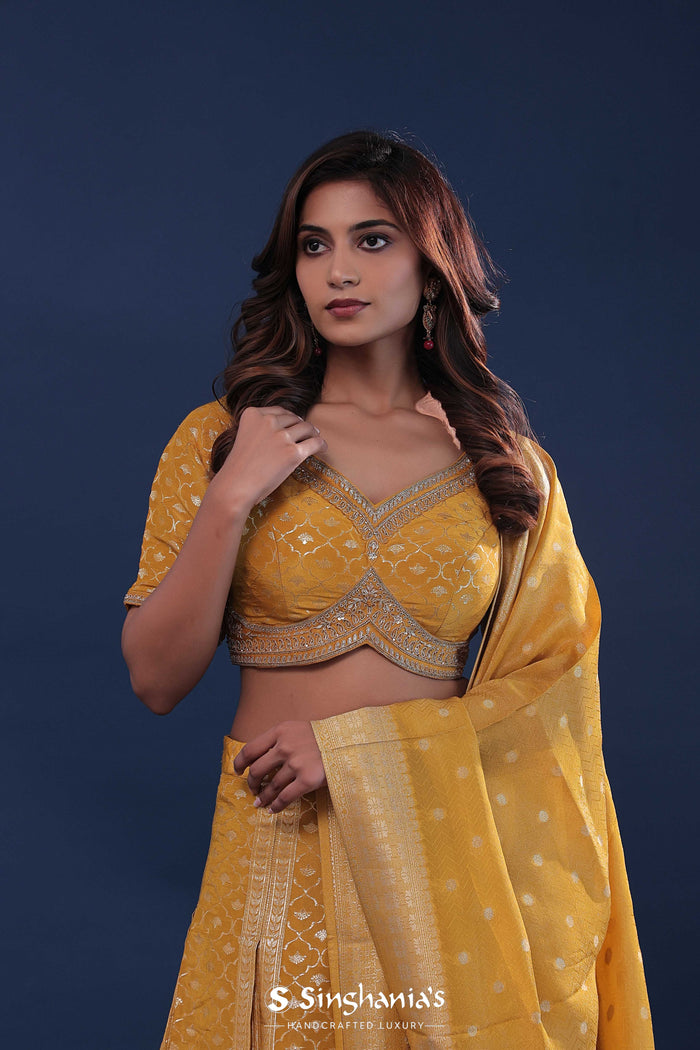 <img> Mustard Yellow Banarasi Lehenga Set