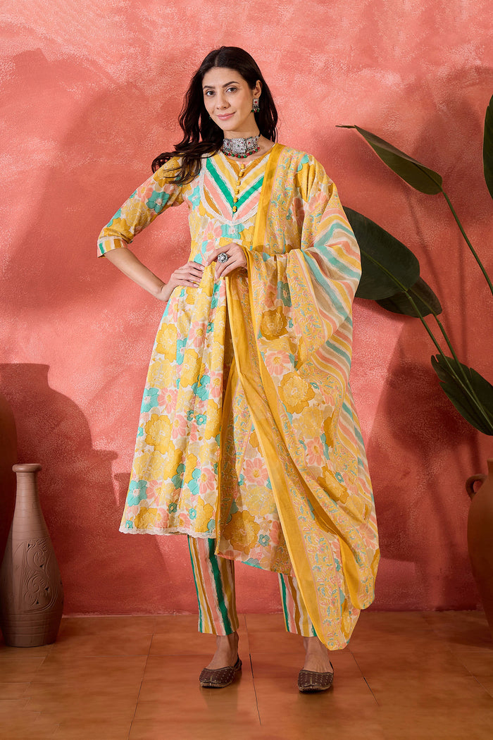 Mustard Yellow Cotton Floral Printed Kurta Set
