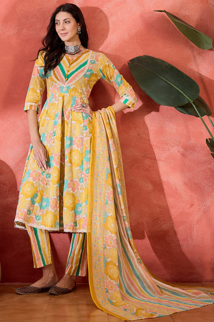 Mustard Yellow Cotton Floral Printed Kurta Set