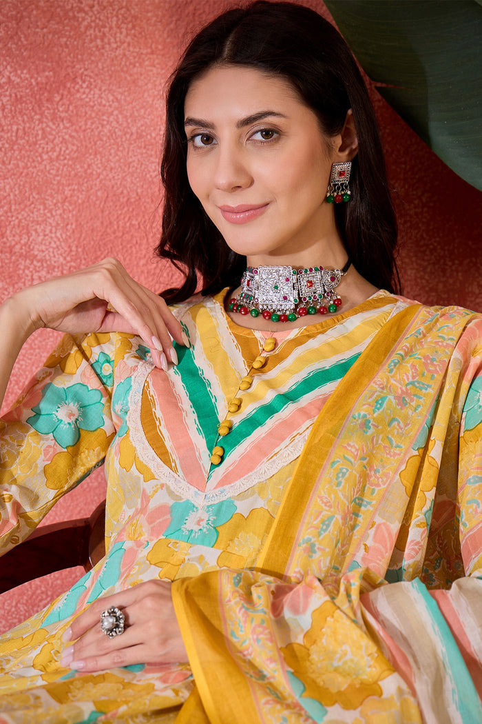 Mustard Yellow Cotton Floral Printed Kurta Set
