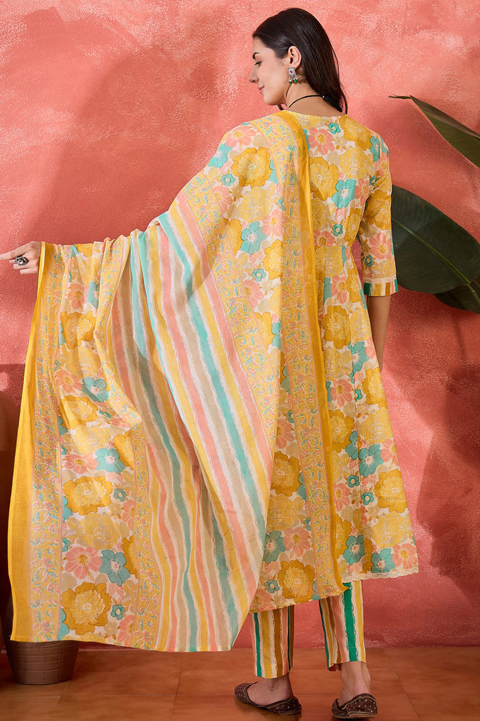 Mustard Yellow Cotton Floral Printed Kurta Set