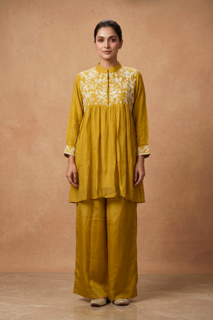 Mustard Yellow Dupion Silk Embroidered Kurta Set
