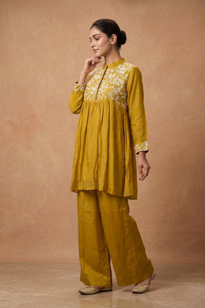 Mustard Yellow Dupion Silk Embroidered Kurta Set