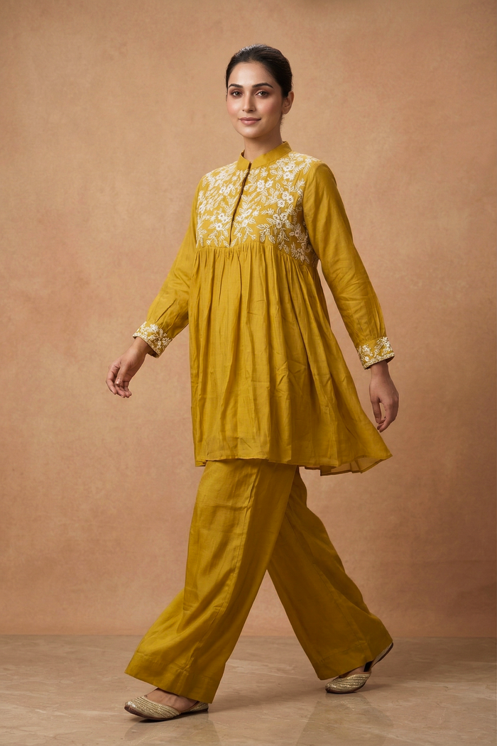 Mustard Yellow Dupion Silk Embroidered Kurta Set