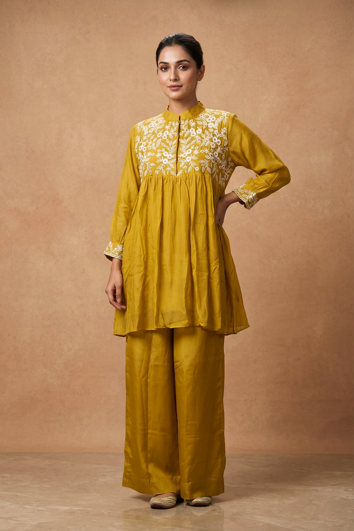 Mustard Yellow Dupion Silk Embroidered Kurta Set