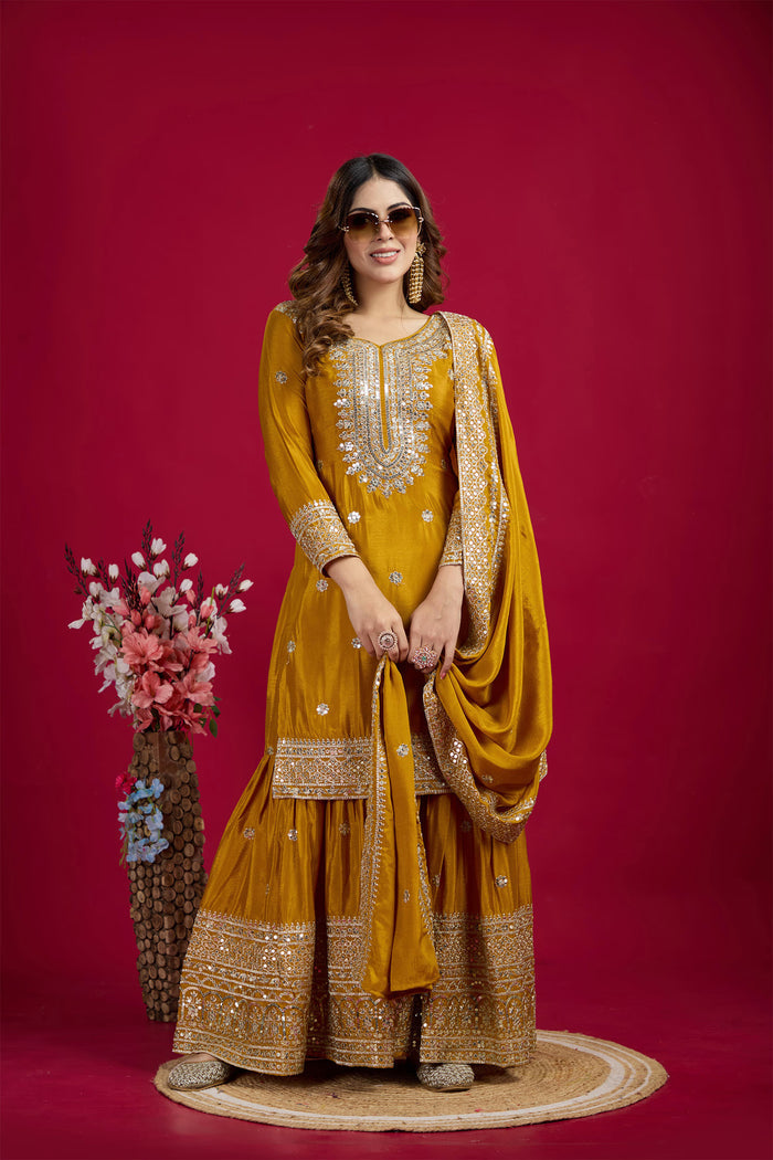 Mustard Yellow Embroidered Silk Floral Sharara Set