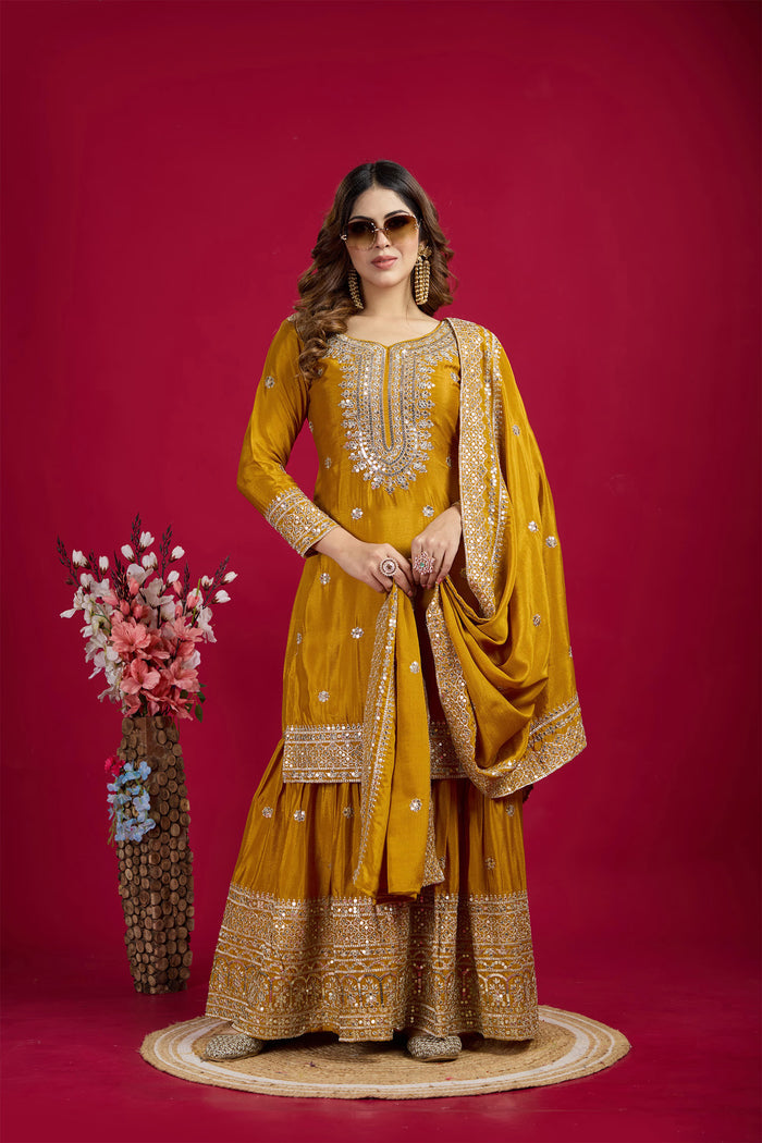Mustard Yellow Embroidered Silk Floral Sharara Set