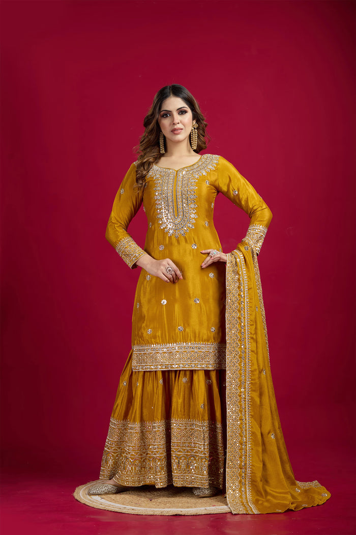 Mustard Yellow Embroidered Silk Floral Sharara Set