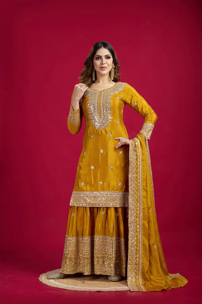 Mustard Yellow Embroidered Silk Floral Sharara Set