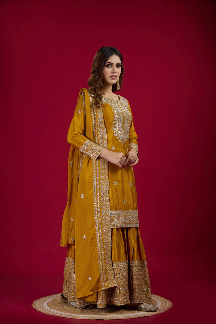 Mustard Yellow Embroidered Silk Floral Sharara Set