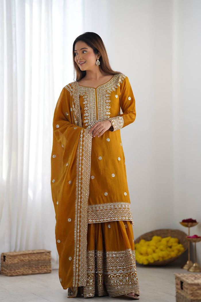 Mustard Yellow Embroidered Silk Sharara Set