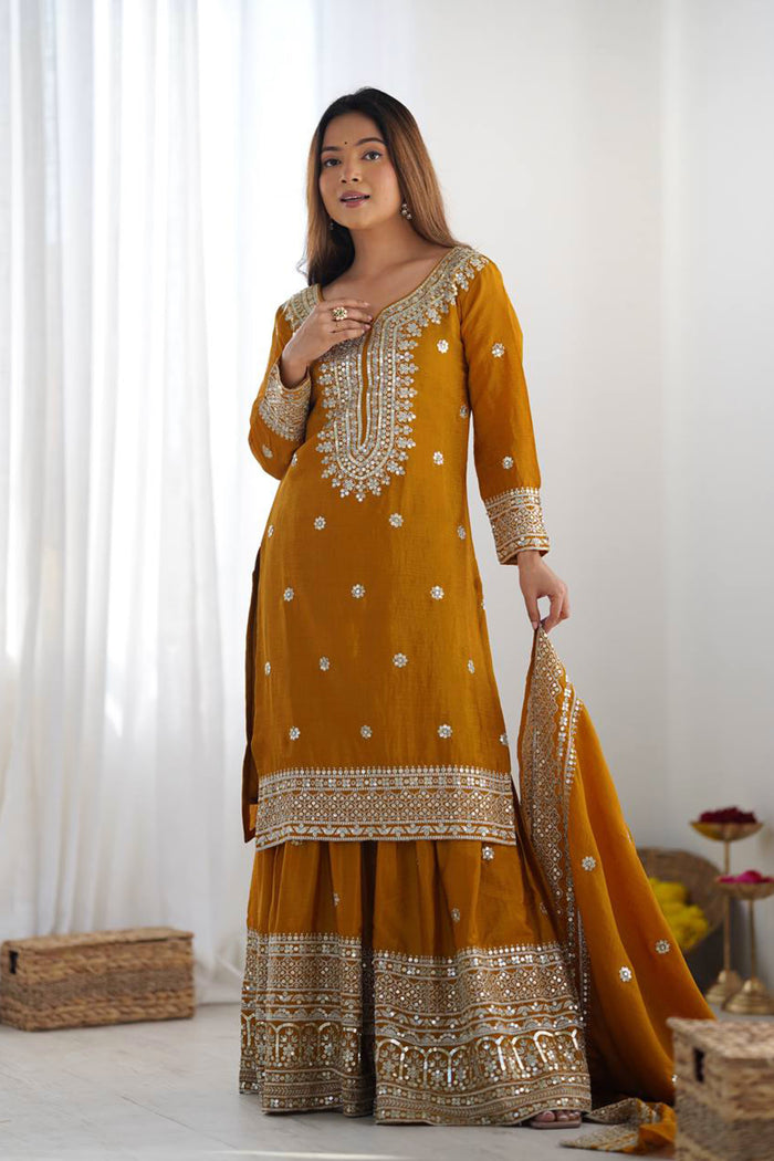Mustard Yellow Embroidered Silk Sharara Set