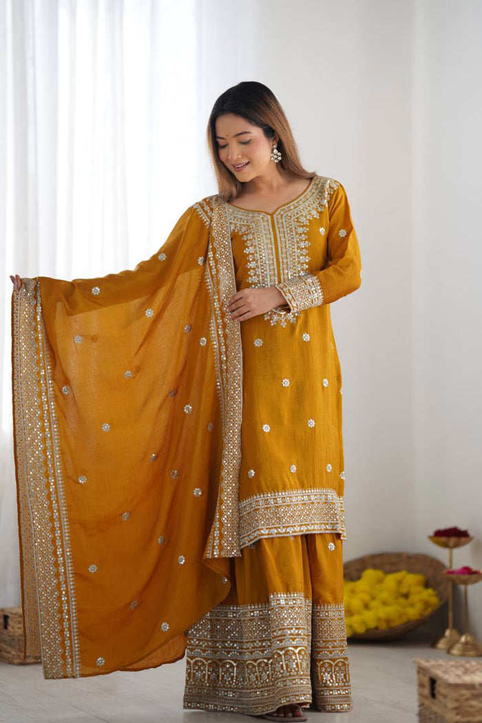 Mustard Yellow Embroidered Silk Sharara Set