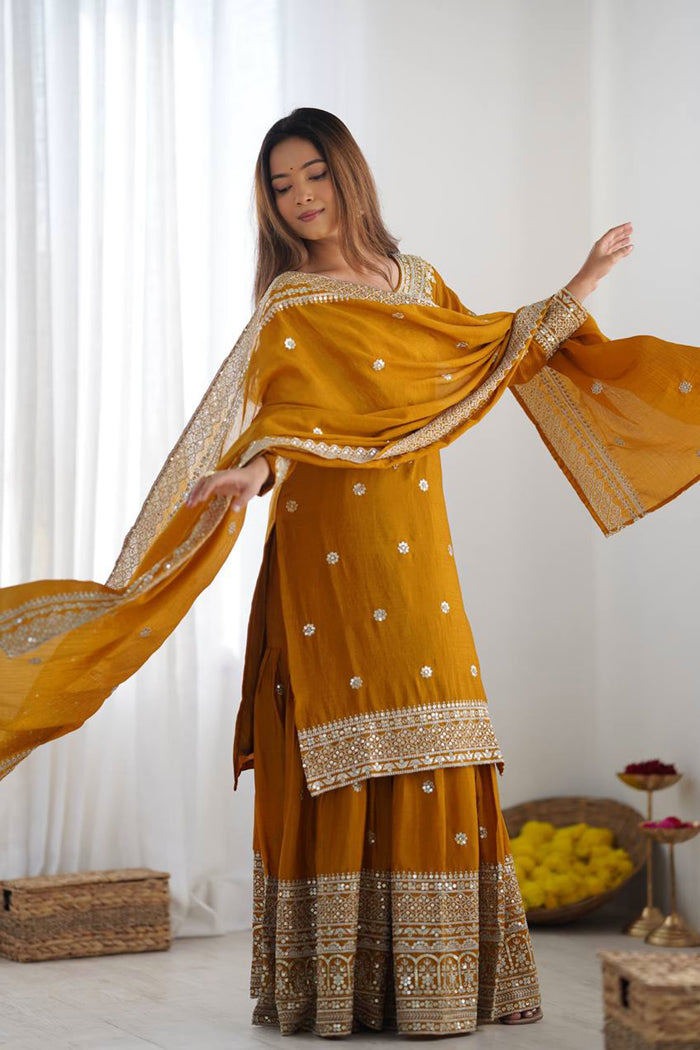 Mustard Yellow Embroidered Silk Sharara Set
