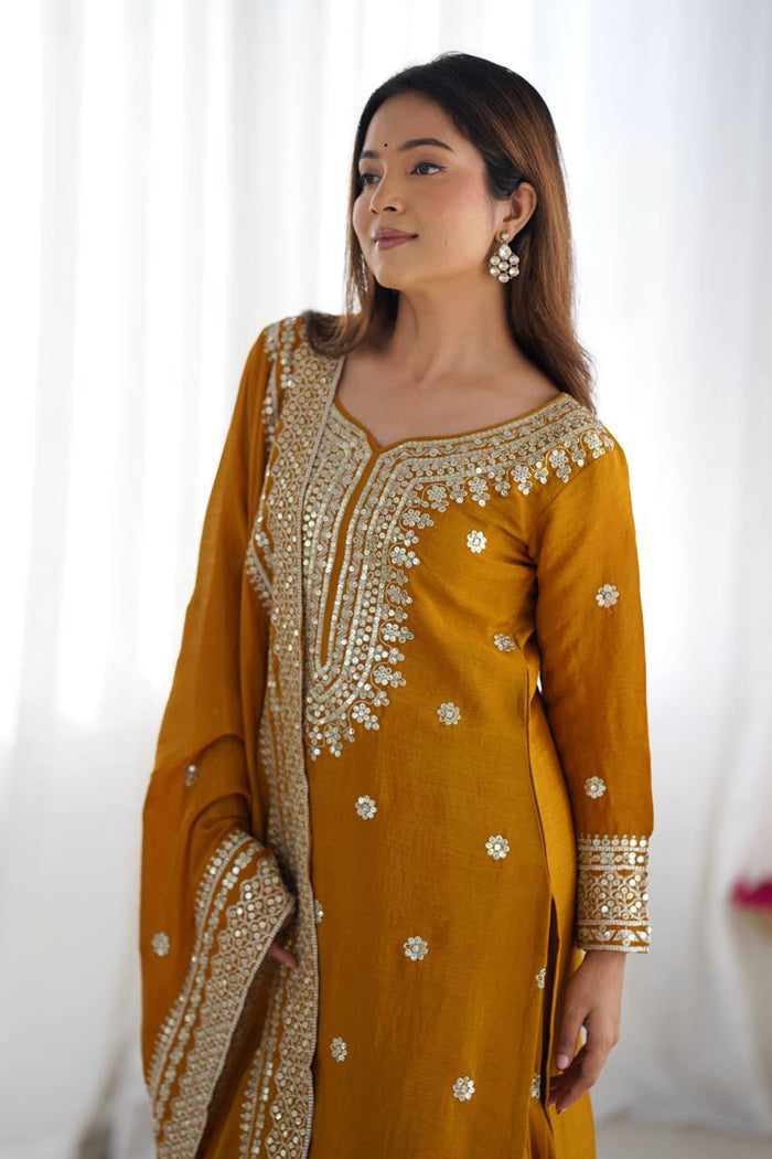 Mustard Yellow Embroidered Silk Sharara Set