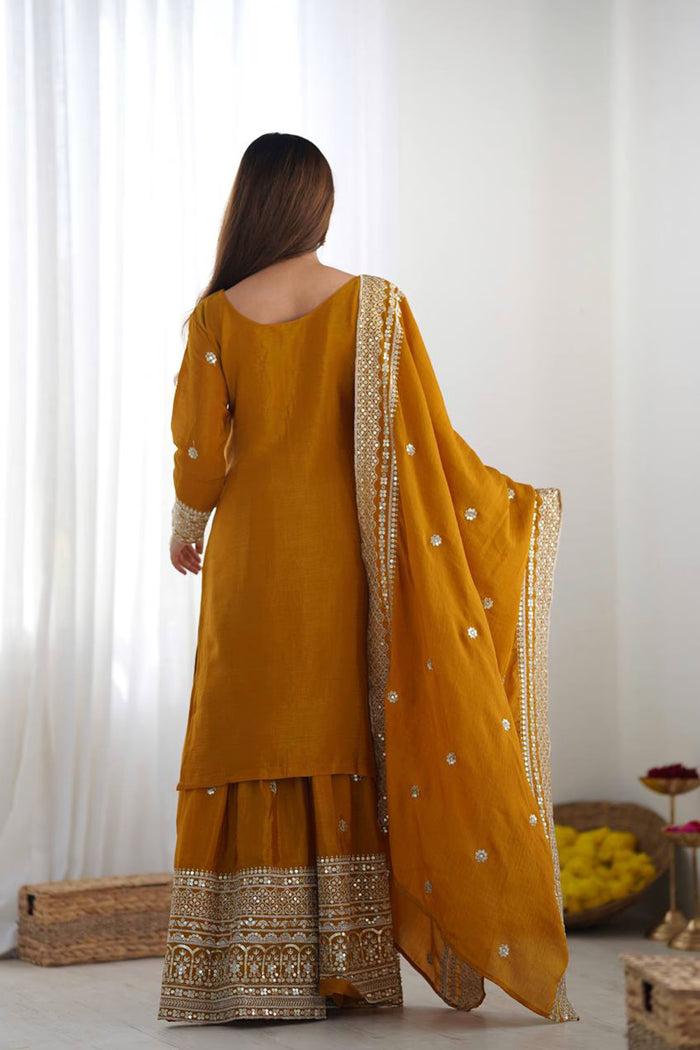 Mustard Yellow Embroidered Silk Sharara Set