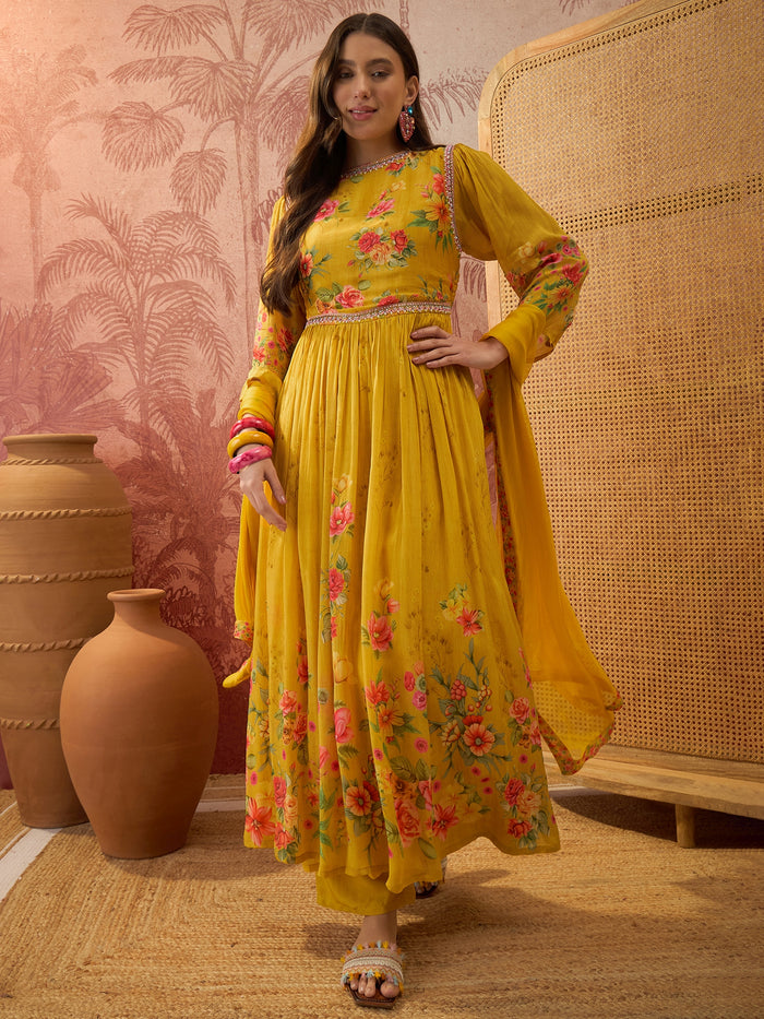 Mustard Yellow Floral Crepe Anarkali