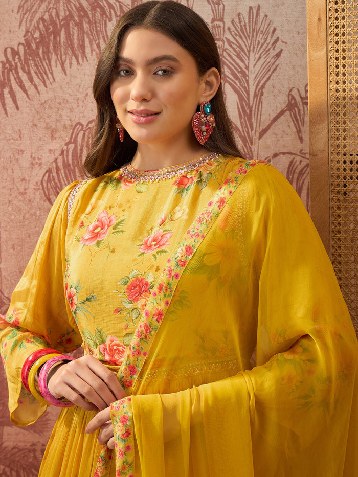 Mustard Yellow Floral Crepe Anarkali