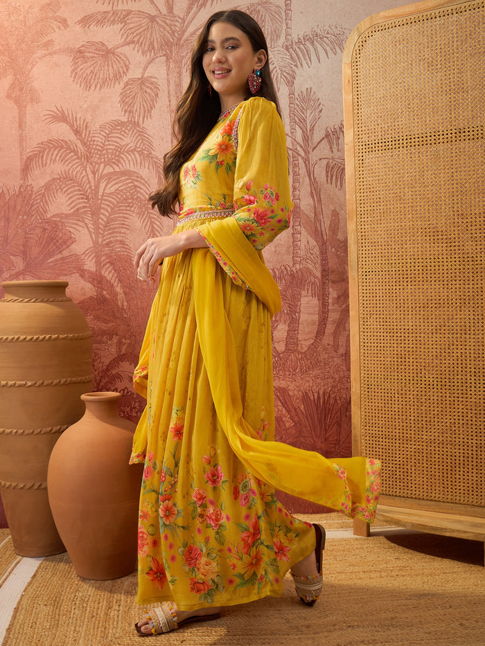 Mustard Yellow Floral Crepe Anarkali