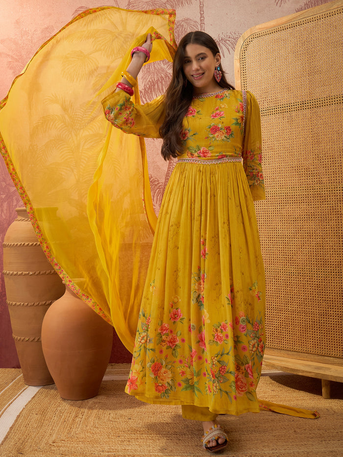 Mustard Yellow Floral Crepe Anarkali