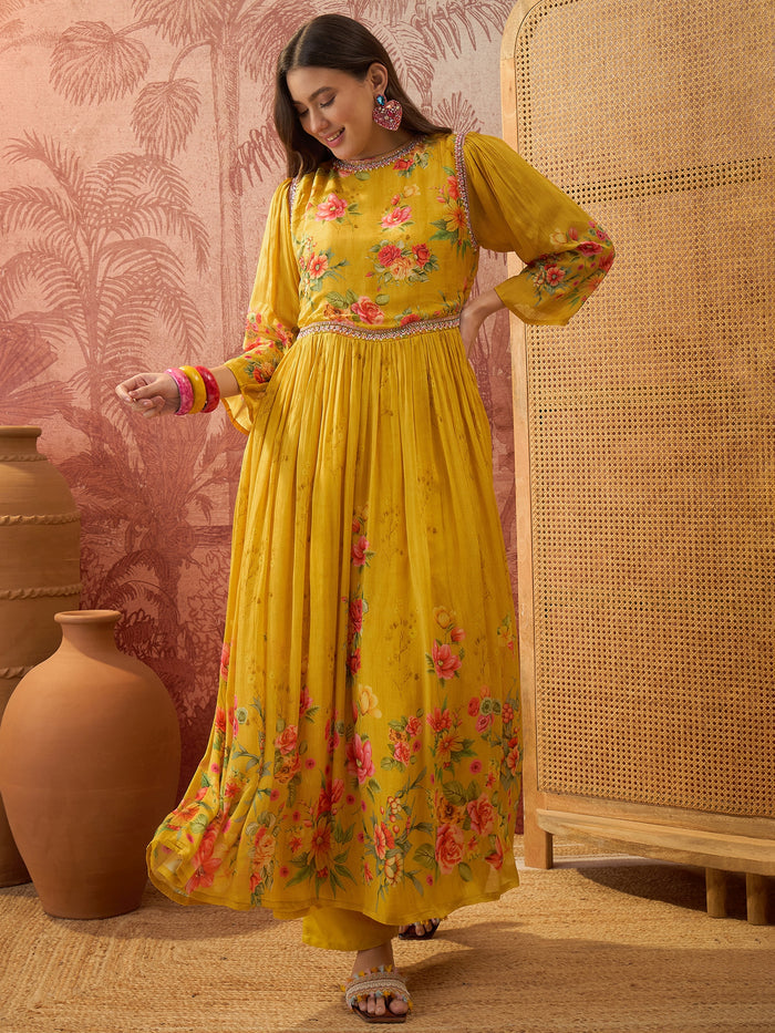 Mustard Yellow Floral Crepe Anarkali