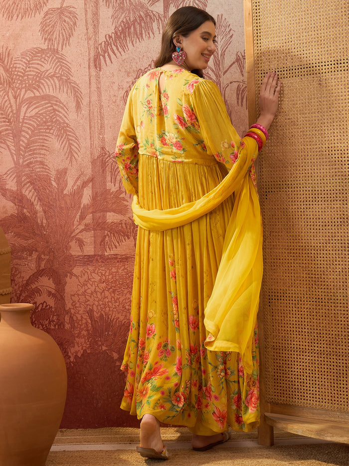 Mustard Yellow Floral Crepe Anarkali