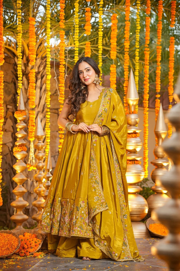 Mustard Yellow Floral Embroidered Silk Anarkali Set