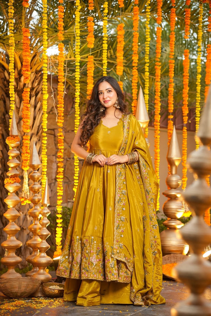 Mustard Yellow Floral Embroidered Silk Anarkali Set